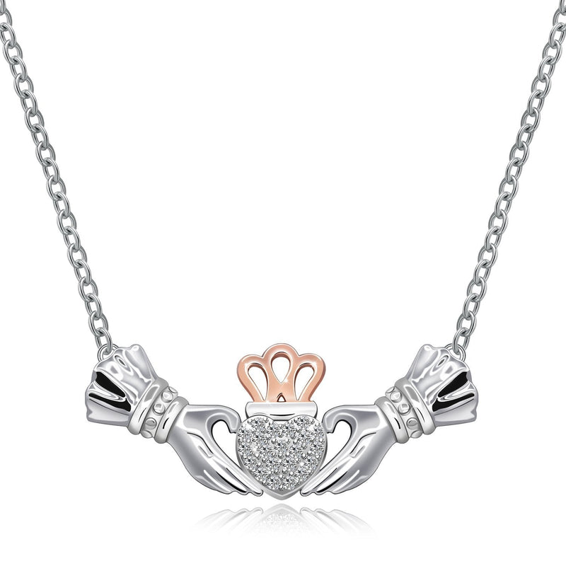 [Australia] - Irish Claddagh Necklace for Women Sterling Silver Girls Crystal Celtic Claddagh Hands Holding Crown Love Heart Pendant Necklace 