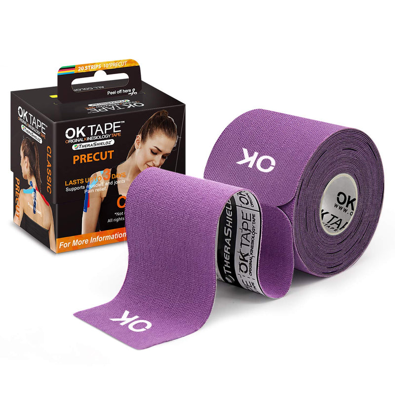 [Australia] - OK TAPE Kinesiology Tape 10 inches Precut, 20 Strips, Cotton Elastic Athletic Tape Latex Free, 2inch x 16ft, Purple 