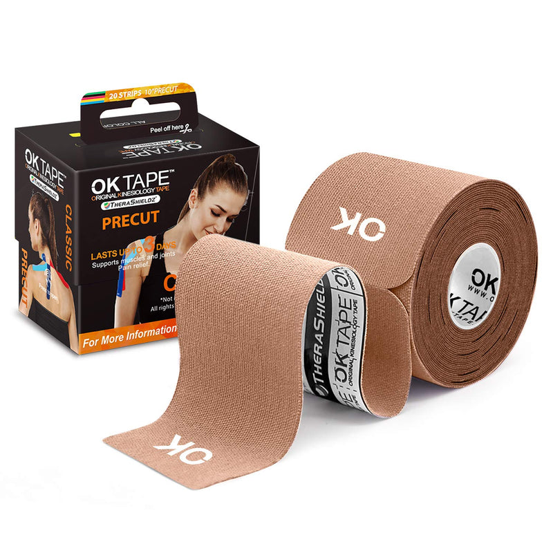 [Australia] - OK TAPE Kinesiology Tape 10 inches Precut, 20 Strips, Cotton Elastic Athletic Tape Latex Free, 2inch x 16ft, Beige 