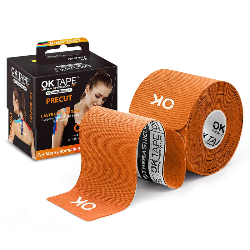 [Australia] - OK TAPE Kinesiology Tape 10 inches Precut, 20 Strips, Cotton Elastic Athletic Tape Latex Free, 2inch x 16ft, Orange 