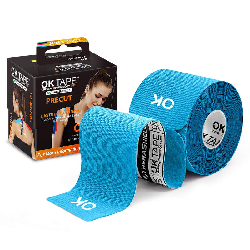 [Australia] - OK TAPE Kinesiology Tape 10 inches Precut, 20 Strips, Cotton Elastic Athletic Tape Latex Free, 2inch x 16ft, Light Blue 