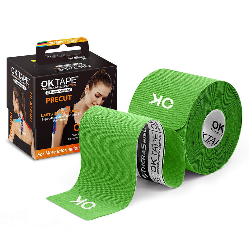 [Australia] - OK TAPE Kinesiology Tape 10 inches Precut, 20 Strips, Cotton Elastic Athletic Tape Latex Free, 2inch x 16ft, Lime 