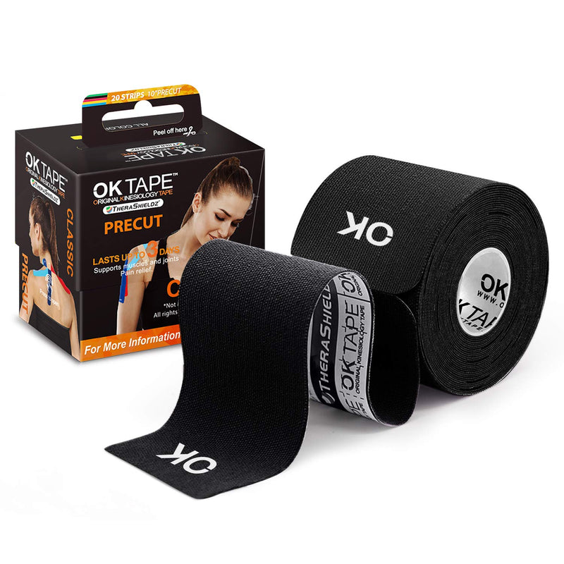 [Australia] - OK TAPE Kinesiology Tape 10 inches Precut, 20 Strips, Cotton Elastic Athletic Tape Latex Free, 2inch x 16ft, Black 