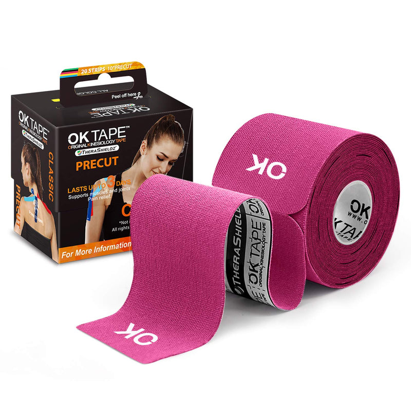 [Australia] - OK TAPE Kinesiology Tape 10 inches Precut, 20 Strips, Cotton Elastic Athletic Tape Latex Free, 2inch x 16ft, Pink 