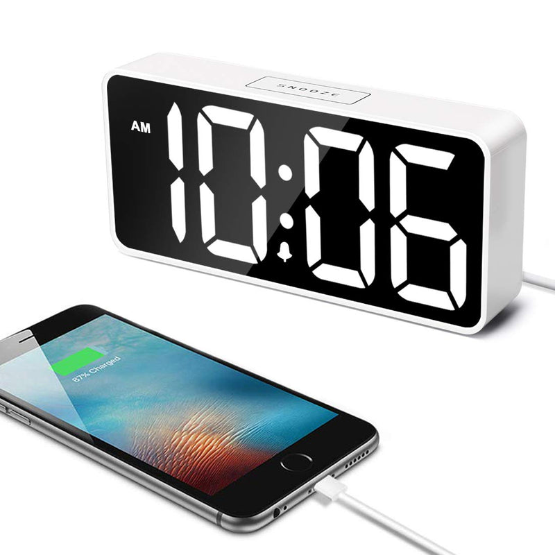 [Australia] - Welgo LED Digital Alarm Clock with USB Charging Port, 0-100% Dimmer, Large Number, AM/PM, White Bold Digits, Snooze, Adjustable Volume, Outlet Powered for Bedroom Bedside(White) 
