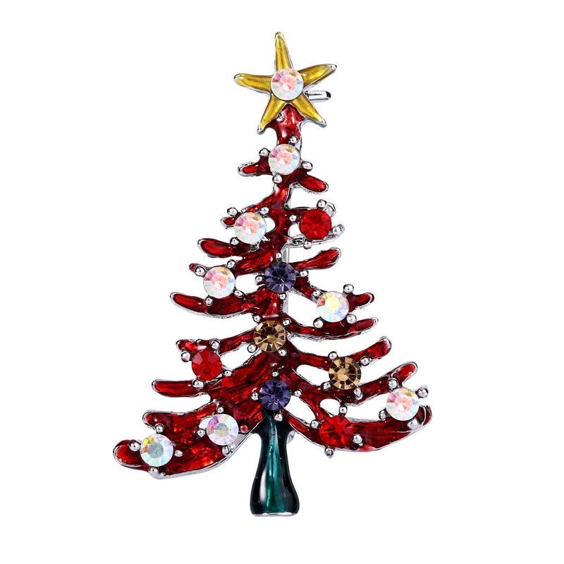 [Australia] - EVER FAITH Crystal Enamel Yellow Star Christmas Tree Brooch Pin Red Silver-Tone 