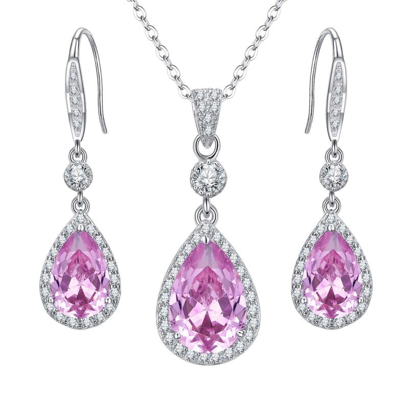 [Australia] - EleQueen 925 Sterling Silver Full Cubic Zirconia Teardrop Bridal Pendant Necklace Hook Dangle Earrings Sets Pink 