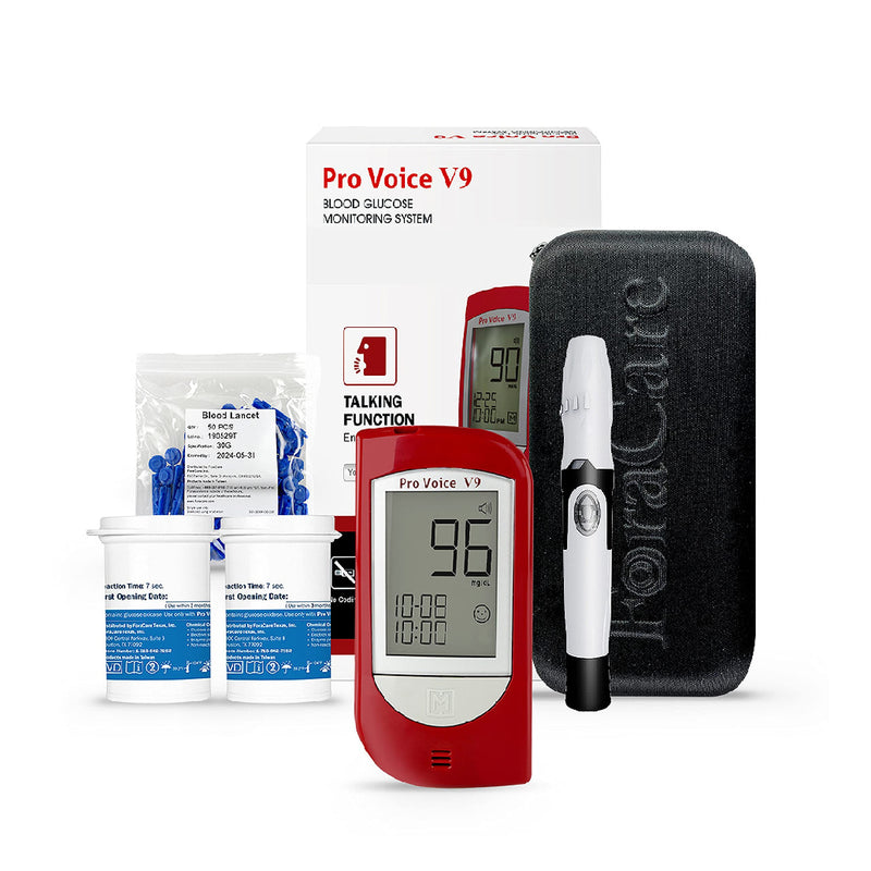 [Australia] - FORA Pro Voice V9 Diabetes Testing Kit for Accurate and Easy Monitoring Your Blood Glucose with Talking Glucometer, 1 Meter, 100 Test Strips, 100 Lancets, 1 Painless Design Lancing Device, Carry Case 