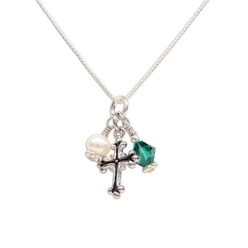 [Australia] - Girl's Sterling Silver First Communion Swarovski-Created Birthstone Cross Necklace with Cultured Pearl 05-may - 16-18" Adjustable 