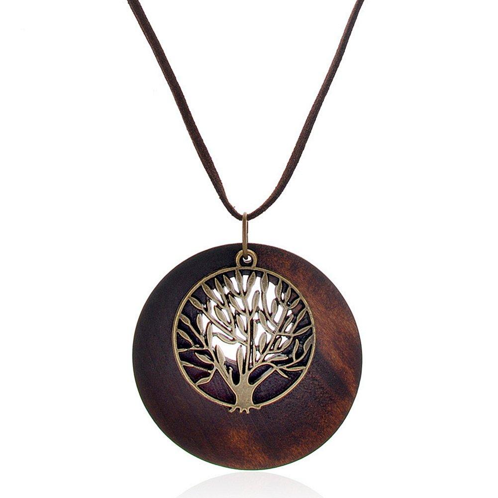 [Australia] - SIVITE Vintage Bronze Tree of Life with Wood Pendant Necklace Long Leather Chain Wooden Necklace for Women Girls 