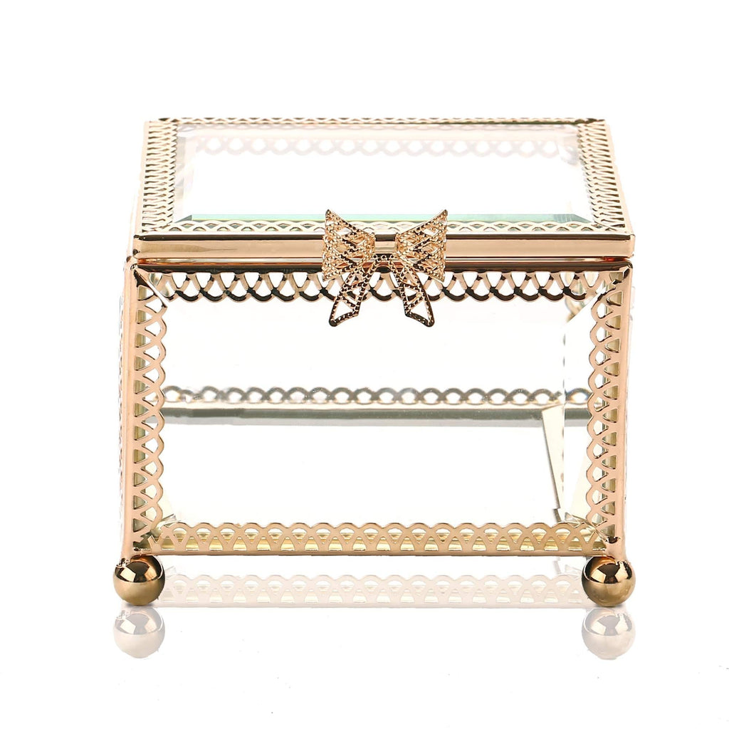 [Australia] - X-nego Handmade Art Gold Glass Jewelry Box Mirrored Keepsake Box Ornate Ring Earring Box for Girls Romantic Gift square 