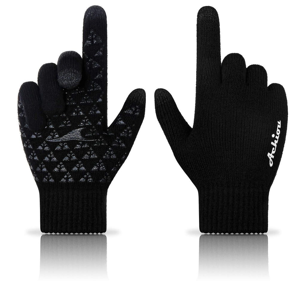 [Australia] - Achiou Winter Knit Gloves Touchscreen Warm Thermal Soft Lining Elastic Cuff Texting Anti-Slip 3 Size Choice for Women Men Black Medium 
