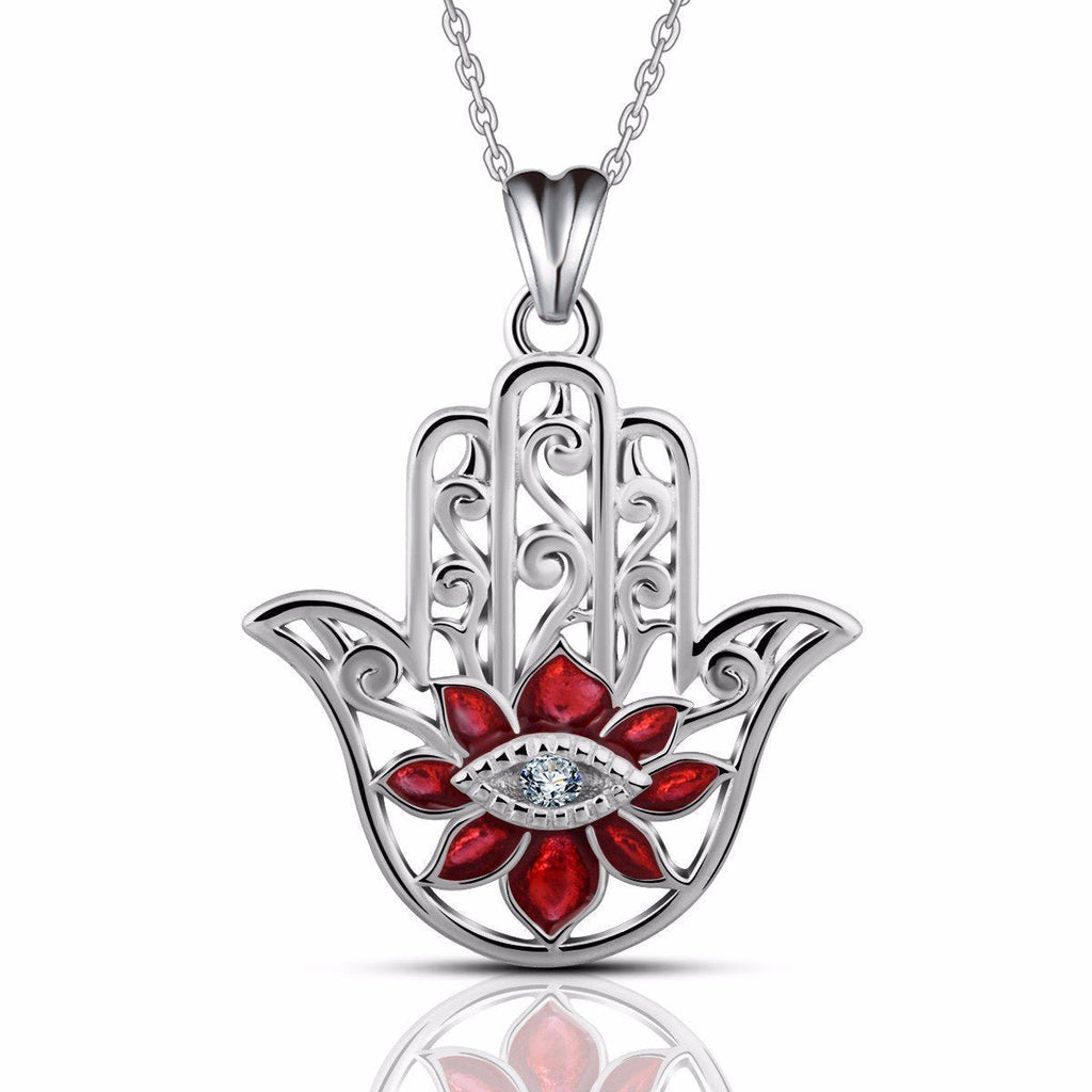 [Australia] - EUDORA Sterling Silver Hamsa Necklace Good Luck Vintage Fatima Hand Evil Eye Pendant, 18" Chain Red 