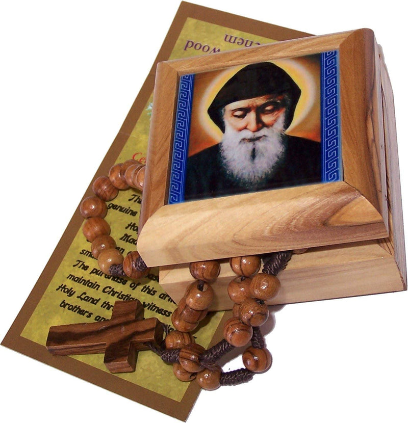 [Australia] - Holy Land Market Olive Wood Rosary and Box from Bethlehem (Mar Charbel - Lebanese Saint) 