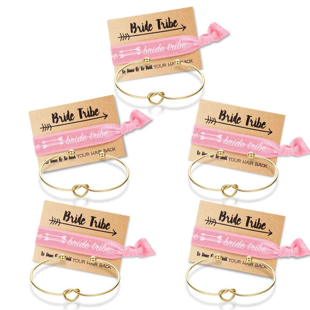 [Australia] - Bridesmaid bracelets-Ikooo 5 pcs Love Knot Open Bangle With Bride Tribe Hair tie for Best Friend, BFF of the Bride wedding Gift 5 Gold 