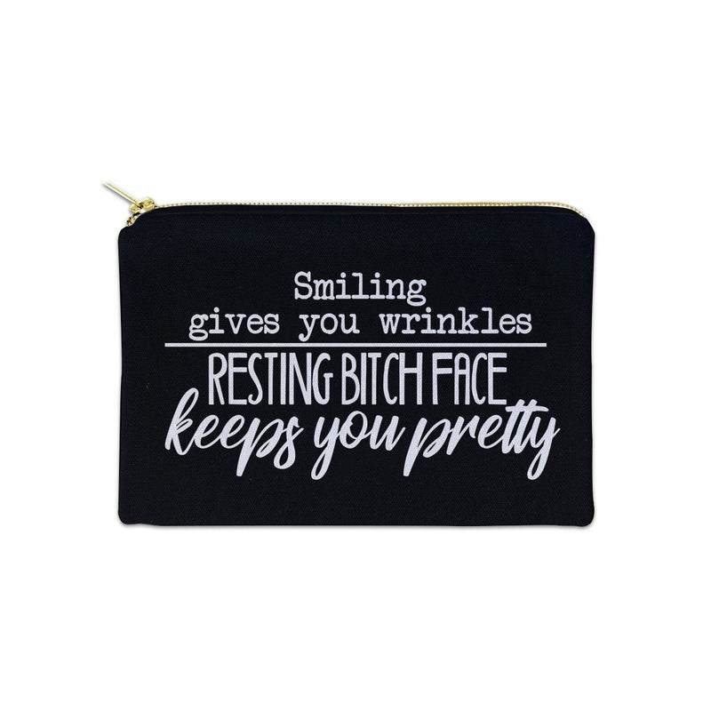 [Australia] - Smiling Gives You Wrinkles 12 oz Cosmetic Makeup Cotton Canvas Bag - (Black Canvas) Black 