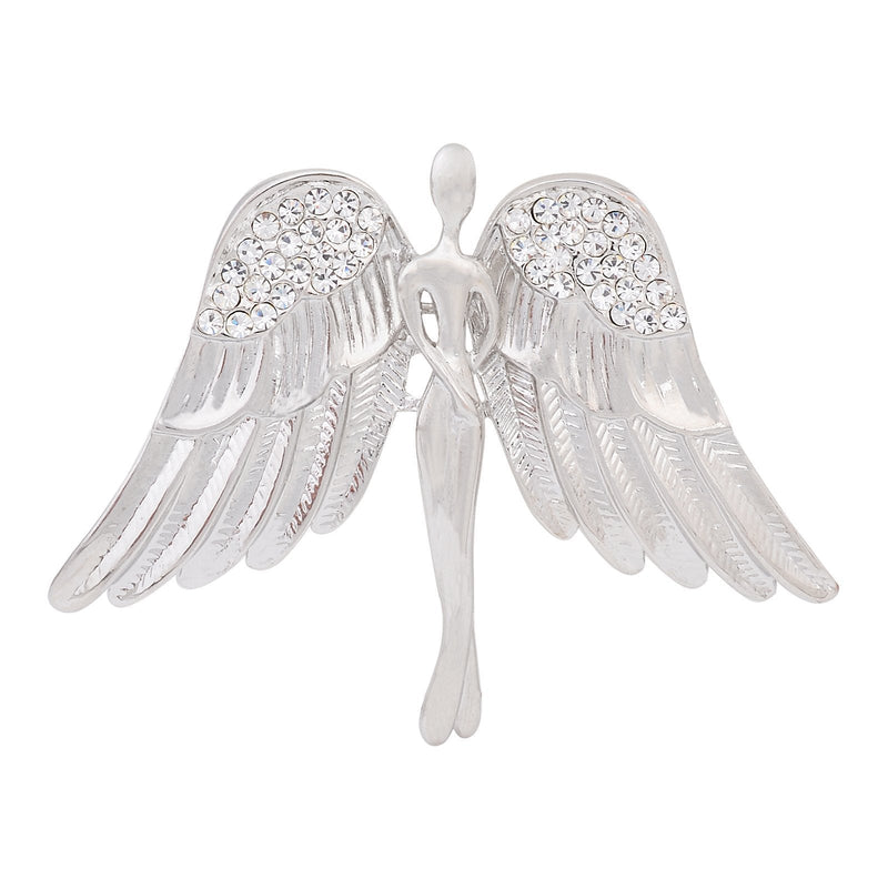 [Australia] - OBONNIE Guardian Angel Jewelry Women's Crystal Flying Angel Wings Brooch Pin Wedding Bouquet Lapel Pin Silver 