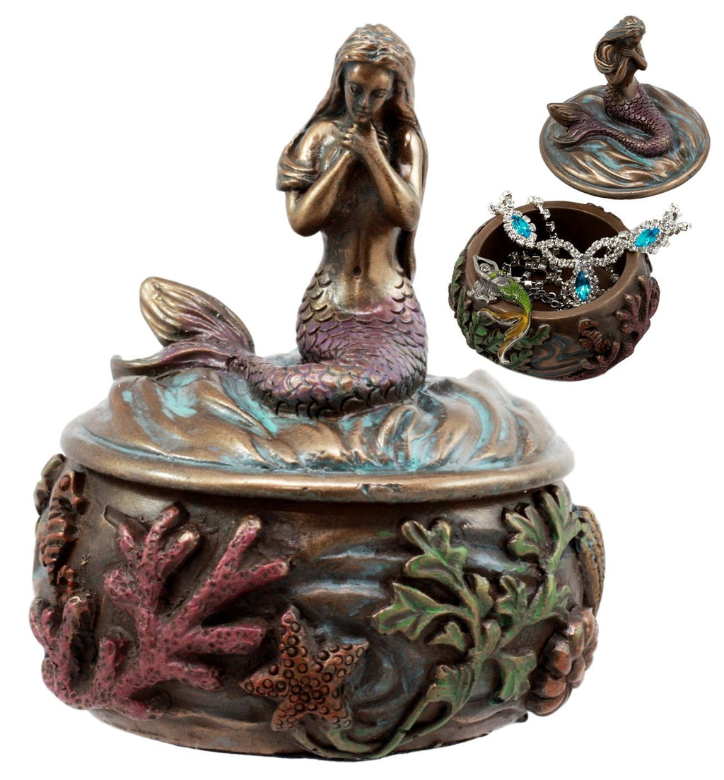 [Australia] - Ebros Beautiful Mermaid Tefiti Praying Round Jewelry Box Figurine 3.25"H Small Nautical Starfish Coral Decorative Trinket Keepsake 