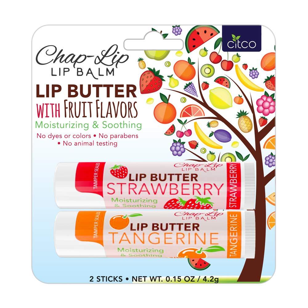 [Australia] - CHAP-LIP Lip Butter Lip Balm with Fruit Flavors, Cocoa Butter, Coconut Oil | Moisturizing Vitamin E & Total Hydration Treatment & Soothing Lip Therapy (2 Count - Strawberry & Tangerine) 