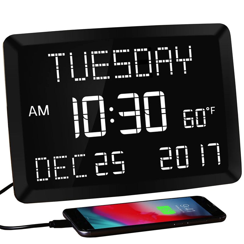 [Australia] - 11.5” Digital Wall Clock with Date,Time,Week,Indoor Temperature,3 Alarms,5 Dimmer,2 USB Chargers,Battery Backup,Snooze,12/24H for Elderly,Parents,Impaired Vision,Dementia,Memory Loss,Office,Bedroom 