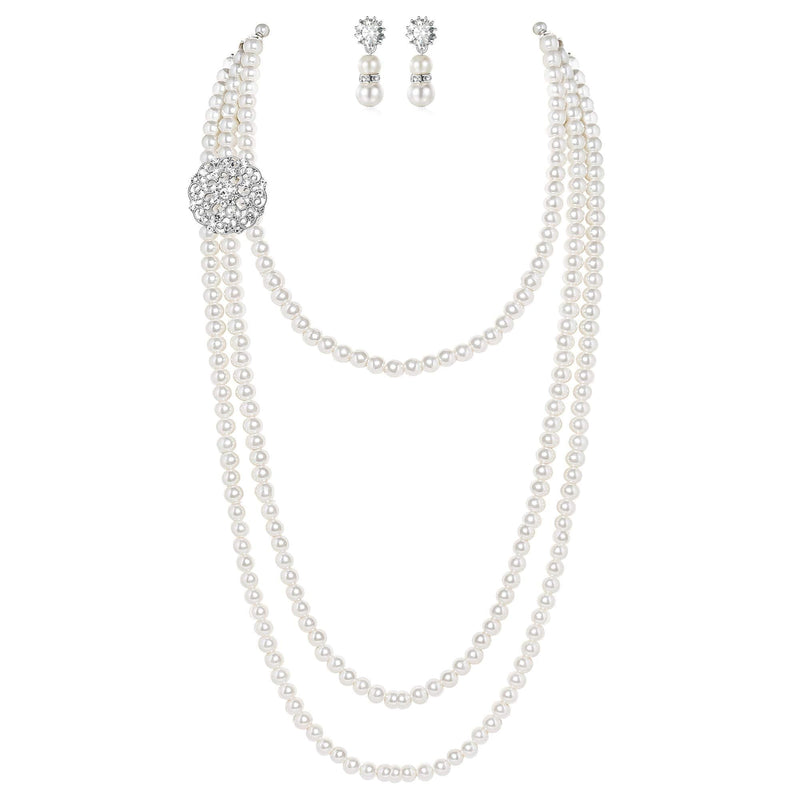 [Australia] - BABEYOND 1920s Gatsby Pearl Necklace Vintage Bridal Pearl Necklace Earrings Jewelry Set Multilayer Imitation Pearl Necklace with Brooch Style 1 