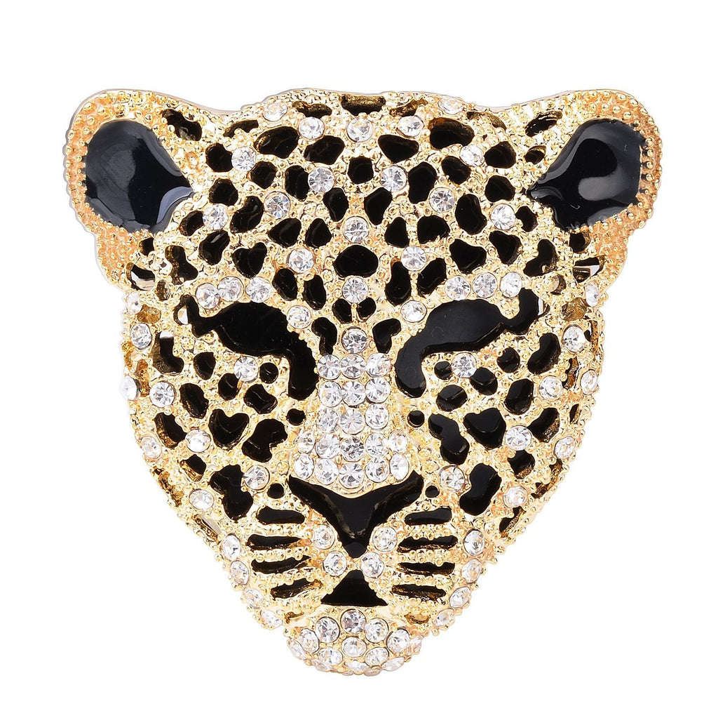 [Australia] - OBONNIE Vintage Black Enamel Spotted Leopard Head Rhinestone Crystal Animal Brooch Pin Lapel Pin Badge Gold 