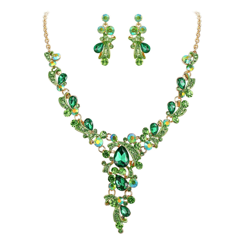 [Australia] - BriLove Women's Wedding Bridal Crystal Leaf Vine Teardrop Hollow Statement Necklace Dangle Earrings Set Emerald Color Gold-tone 