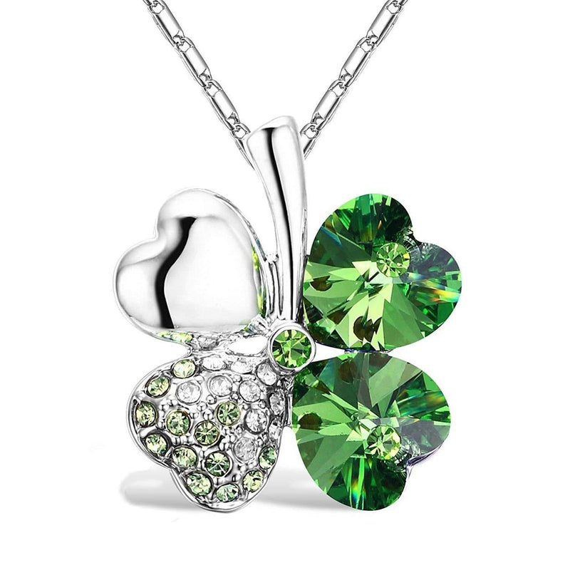 [Australia] - Four Leaf Clover Necklace - Green St.Patrick's Day Shamrock Jewelry - Good Luck - Green Clover Necklace, Earrings, Bracelet, Brooch - Crystals and Rhinestones - Mall of Style Silver Necklace 