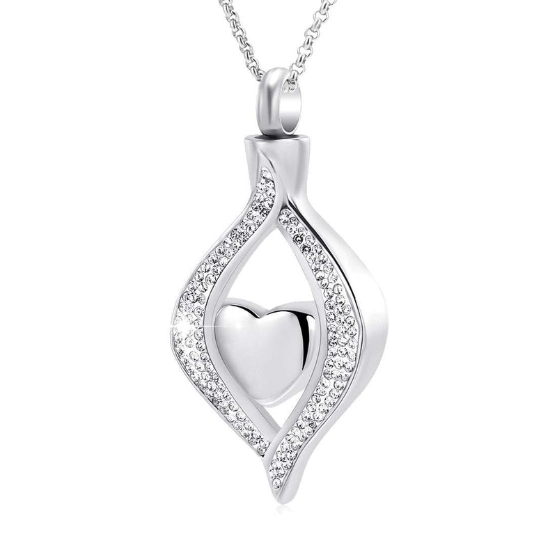 [Australia] - Hearbeingt Cremation Jewelry for Ashes, Classic Style Crystal Keepsake Necklace Made with Stainless Steel, Heart Shape Memorial Locket for Mam Silver 