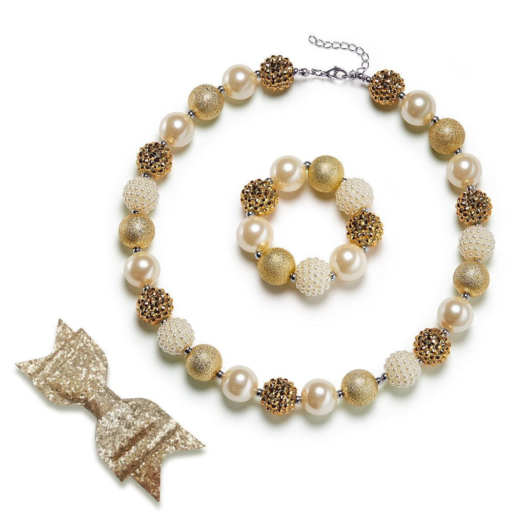 [Australia] - vcmart Girls Gold Chunky Bubblegum Beaded Necklace & Bracelet Set as Gifts Set A -Necklace & bracelet & Hairpin 