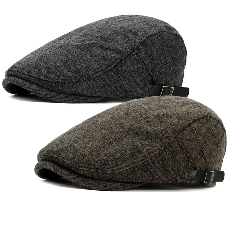 [Australia] - ALL IN ONE CART 2 Pack Men's Warm Wool Tweed Blend Newsboy Flat Cap Ivy Cabbie Driving Winter Hat Dark Grey/Coffee 
