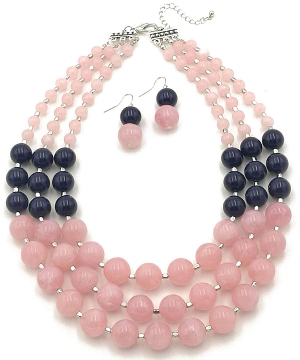 [Australia] - Shineland Elegant 3-Row Layered Handmade Acrylic Glass Pearl Stone-simulated Beaded Necklace Earrings Set Style # 2(pink) 