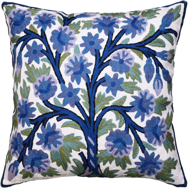 [Australia] - Kashmir Designs Tree of Life Pillow Cover | Blue Floral Pillowcase | Designer Flower Pillow |Suzani Cushions | Flower Pillows | Modern Floral Cushion Cover | Hand embroidered Cushion Wool Size - 18x18 Blue Indigo 