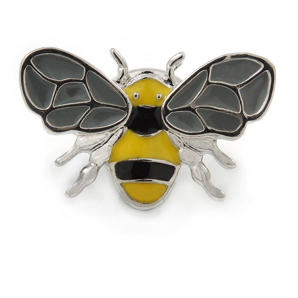 [Australia] - Avalaya Small Rhodium Plated Grey/Yellow Enamel Bee Pin Brooch - 23mm W 