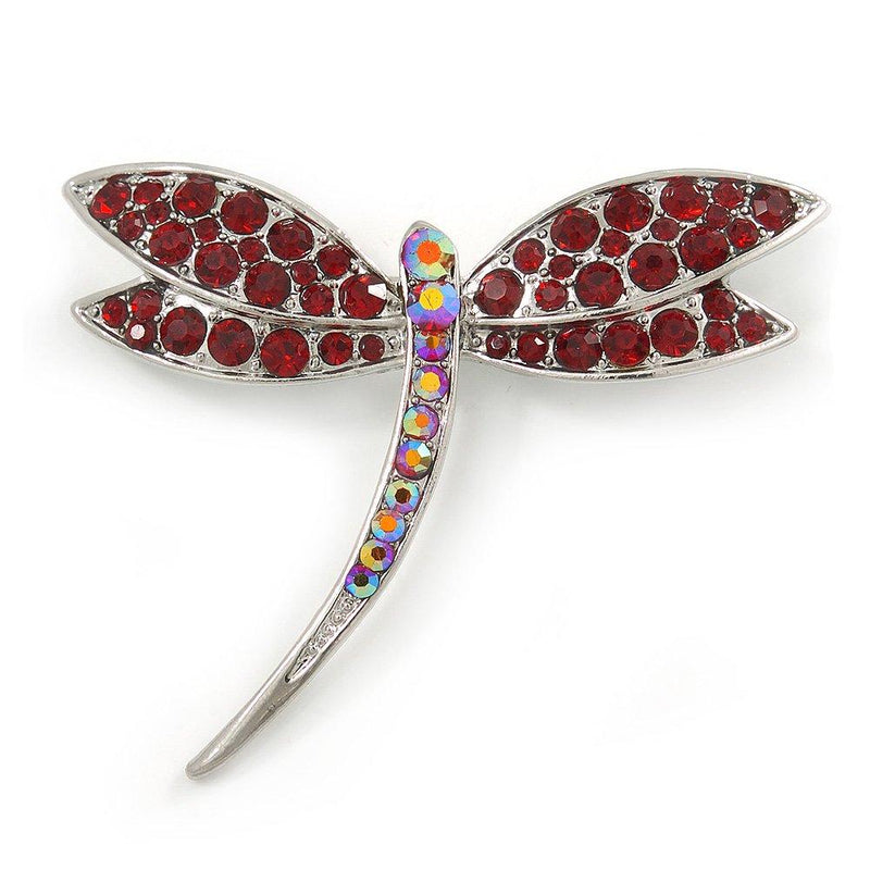 [Australia] - Avalaya Classic Burgundy Red Crystal Dragonfly Brooch in Rhodium Plating - 60mm W 