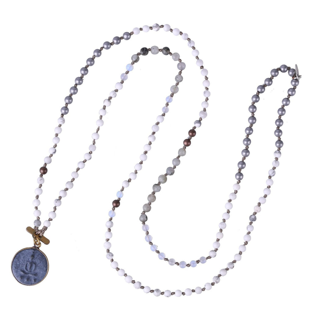 [Australia] - KELITCH Buddha Strand Necklace Long Beaded Sakyamuni Medal Pendant Necklace Lucky White Gray 