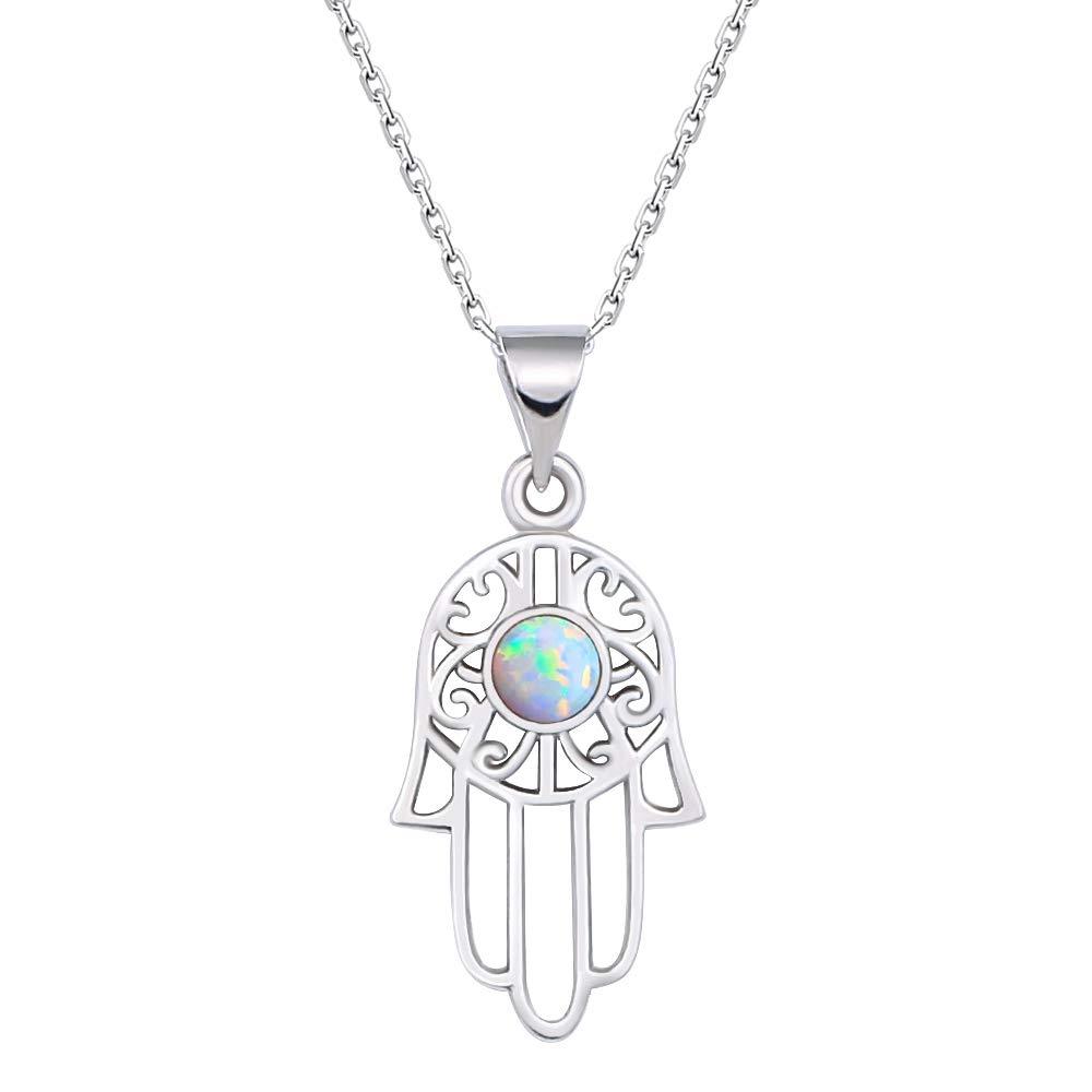 [Australia] - KELITCH Hamsa Hand Necklace with Created Opal Pendant Amulet Fatima Jewelry, 18'' White Hamsa 