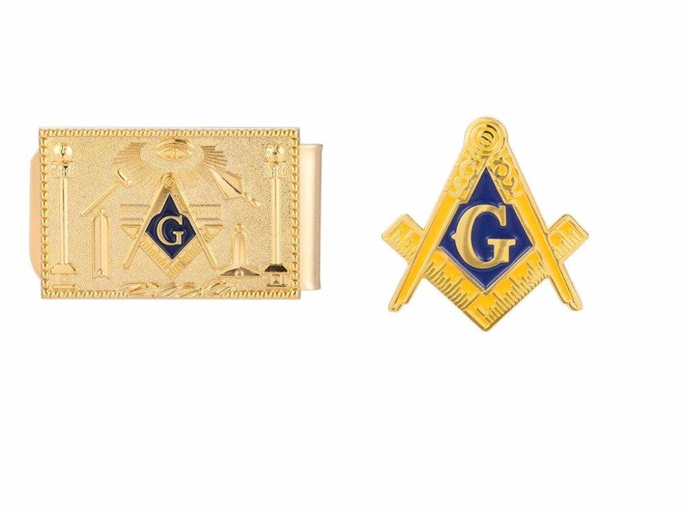 [Australia] - GuDeKe Mason Masonic Money Clip and Lapel Pin Set Gold 