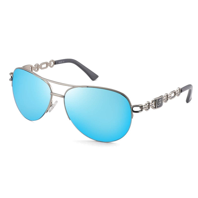 [Australia] - FENCHI Aviater Sunglasses For Women Mirrored UV 400 Lens Protection Classic Exquisite Metal Frame 0257 Lens: Blue revo/Frame: Shiny Silver/Temple: Grey 