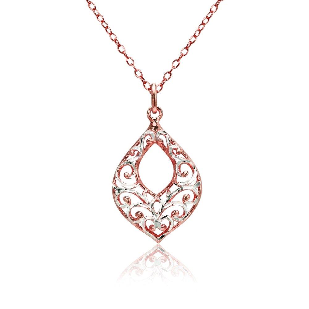 [Australia] - Sterling Silver Diamond-cut Filigree Open Teardrop Necklace Rose Gold Flashed 