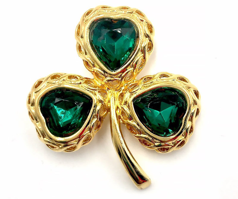 [Australia] - Shamrock Gold Plated Brooch Pin with 3 Heart Cabochons 