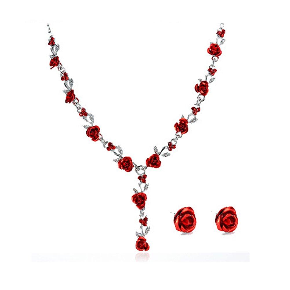 [Australia] - 7Morning Rose Flower Rhinestone Jewelry Set Pendant Statement Collar Charm Necklace and Earrings Women for Bride red 