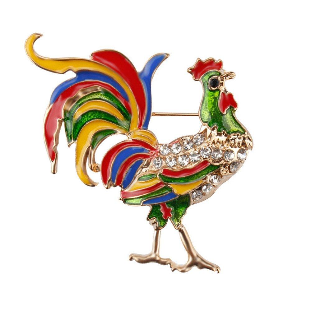 [Australia] - Reizteko Gold Tone Multicolor Large Red Rooster Cock Chicken Brooch Pin Enamel Rhinestone Animal Jewelry (Multicolored) Multicolored 