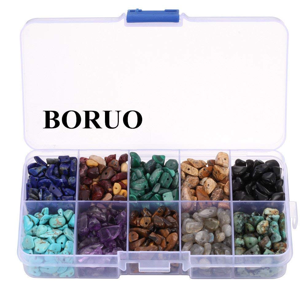[Australia] - BORUO Gemstone Beads, Natural Chips Irregular 10 Color Cool Theme Assorted Box Set Loose Beads 7~8mm Crystal Energy Stone Healing Power for Jewelry Making(Plastic Box is Included) 