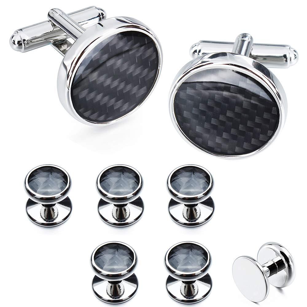 [Australia] - HAWSON Mens Carbon Fiber Cuff Links and Shirt Studs for Tuxedo Wedding Business - Black, Blue, Yellow, Pink black cufflinks and stud set 