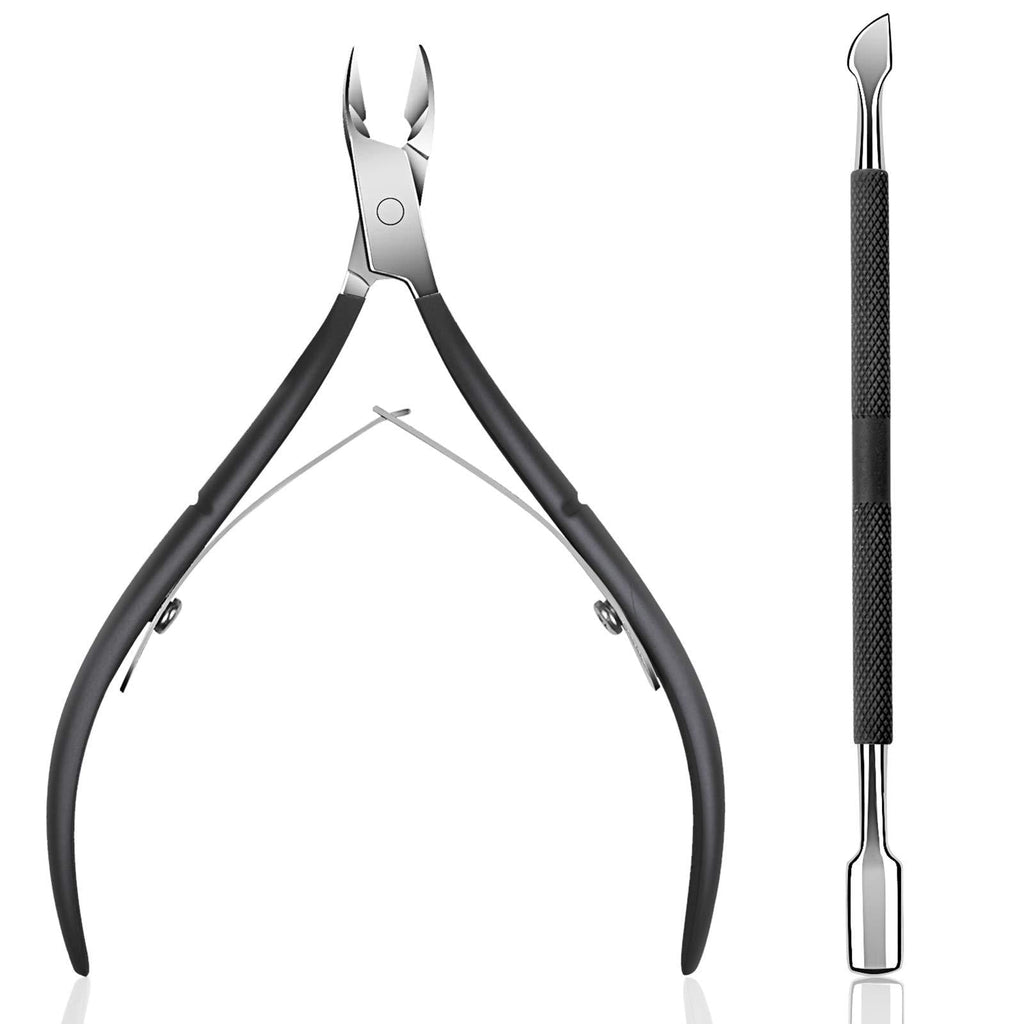 [Australia] - Cuticle Trimmer with Cuticle Pusher - Ejiubas Cuticle Remover Cuticle Nipper Professional Stainless Steel Cuticle Cutter Clipper Durable Pedicure Manicure Tools for Fingernails and Toenails Black Cuticle Nipper & Pusher 