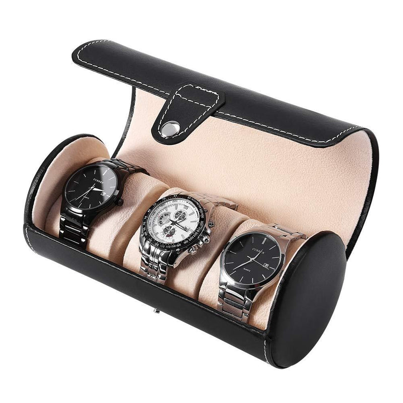 [Australia] - Brino Watch Roll, 3 Grids Cylinder Watch Roll Holder Wristwatch Display Case Jewelry Gift Storage Box Black 