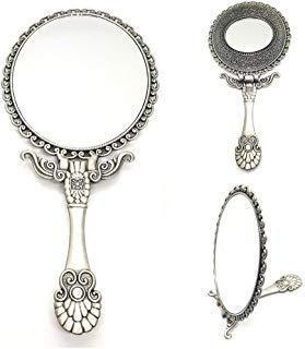 [Australia] - Handheld Mirror Antique with Stand Folding Double Sided Matt Silver for Makeup Mirror 