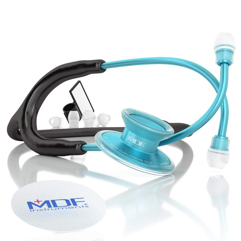 [Australia] - MDF Acoustica Lightweight Stethoscope, Adult, Dual Head, Free-Parts-for-Life, Black Tube, Aqua Chestpiece-Headset, MDF747XPAQ11 Black-Aqua 
