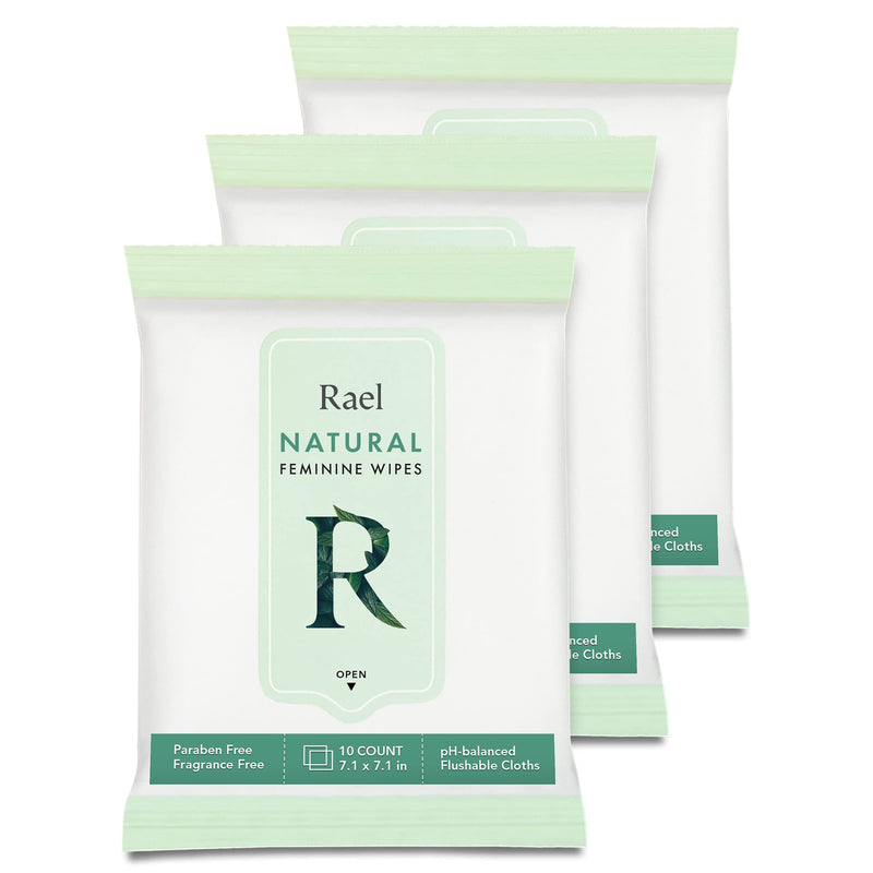 [Australia] - Rael Flushable Feminine pH Wipes - Travel Size, All Skin Types, Paraben Free, pH-Balanced, Daily Use (10 Count, Pack of 3) 10 Count (Pack of 3) Natural 